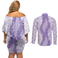 Hawaii Aloha Plumeria Lei Lavender Palaka Couples Matching Off Shoulder Short Dress and Long Sleeve Button Shirt LT7 - Polynesian Pride