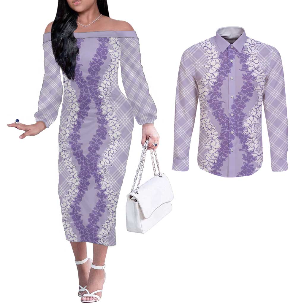 Hawaii Aloha Plumeria Lei Lavender Palaka Couples Matching Off The Shoulder Long Sleeve Dress and Long Sleeve Button Shirt LT7 Lavender - Polynesian Pride