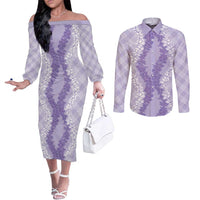 Hawaii Aloha Plumeria Lei Lavender Palaka Couples Matching Off The Shoulder Long Sleeve Dress and Long Sleeve Button Shirt LT7 Lavender - Polynesian Pride
