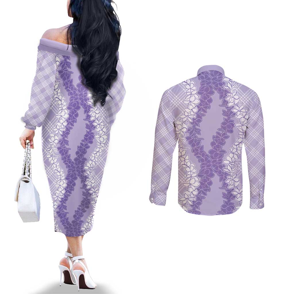 Hawaii Aloha Plumeria Lei Lavender Palaka Couples Matching Off The Shoulder Long Sleeve Dress and Long Sleeve Button Shirt LT7 - Polynesian Pride