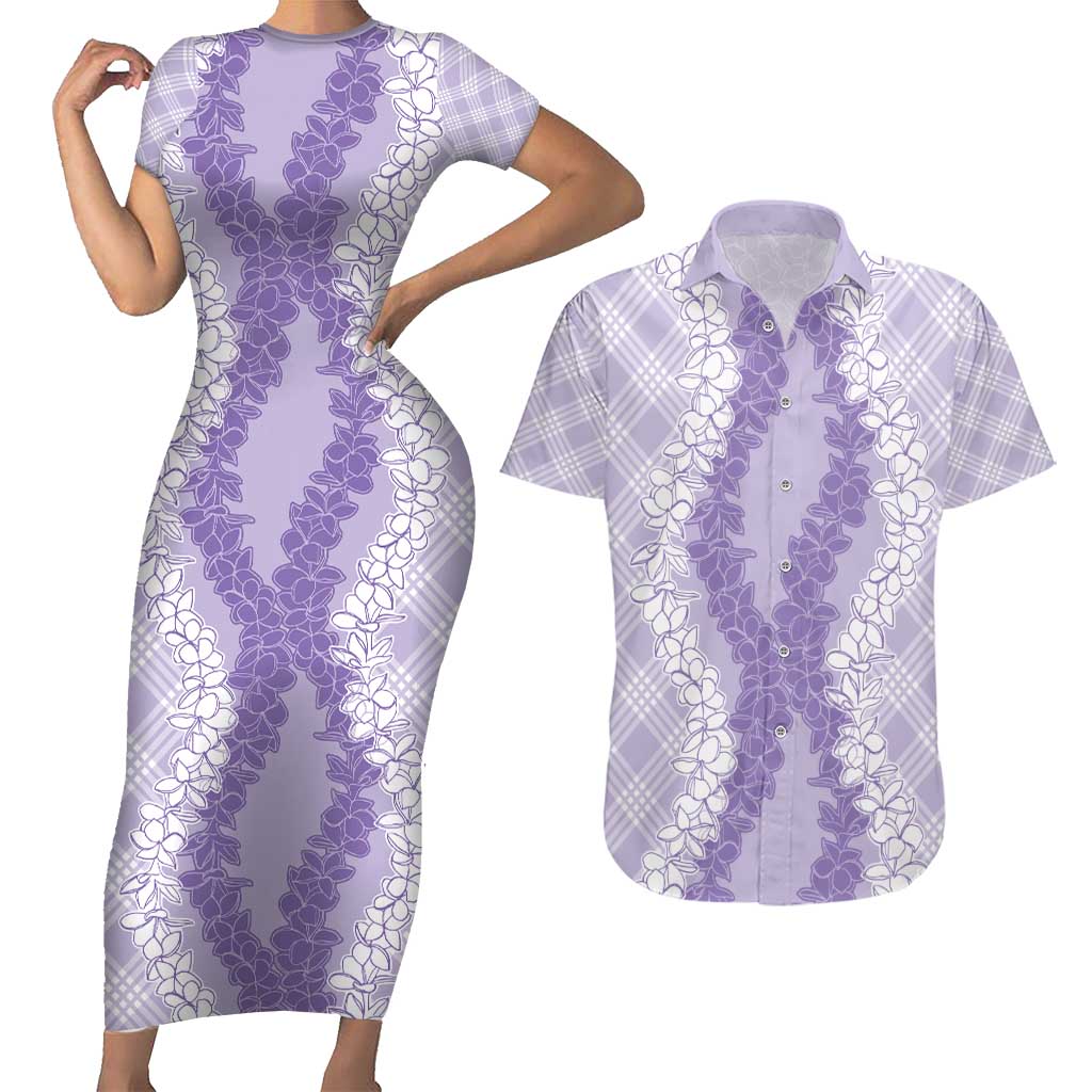 Hawaii Aloha Plumeria Lei Lavender Palaka Couples Matching Short Sleeve Bodycon Dress and Hawaiian Shirt LT7 Lavender - Polynesian Pride