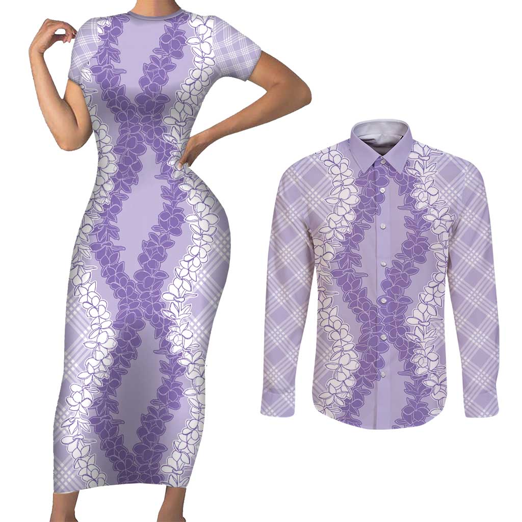 Hawaii Aloha Plumeria Lei Lavender Palaka Couples Matching Short Sleeve Bodycon Dress and Long Sleeve Button Shirt LT7 Lavender - Polynesian Pride