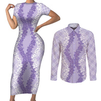 Hawaii Aloha Plumeria Lei Lavender Palaka Couples Matching Short Sleeve Bodycon Dress and Long Sleeve Button Shirt LT7 Lavender - Polynesian Pride