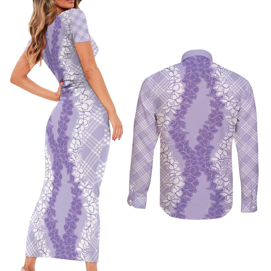 Hawaii Aloha Plumeria Lei Lavender Palaka Couples Matching Short Sleeve Bodycon Dress and Long Sleeve Button Shirt LT7 - Polynesian Pride