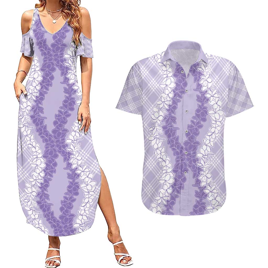 Hawaii Aloha Plumeria Lei Lavender Palaka Couples Matching Summer Maxi Dress and Hawaiian Shirt LT7 Lavender - Polynesian Pride