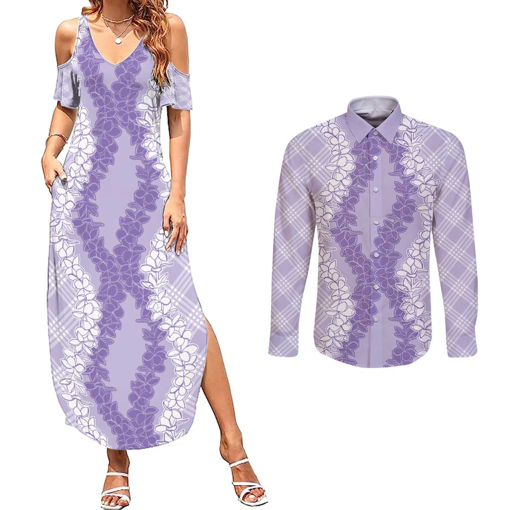 Hawaii Aloha Plumeria Lei Lavender Palaka Couples Matching Summer Maxi Dress and Long Sleeve Button Shirt LT7 Lavender - Polynesian Pride