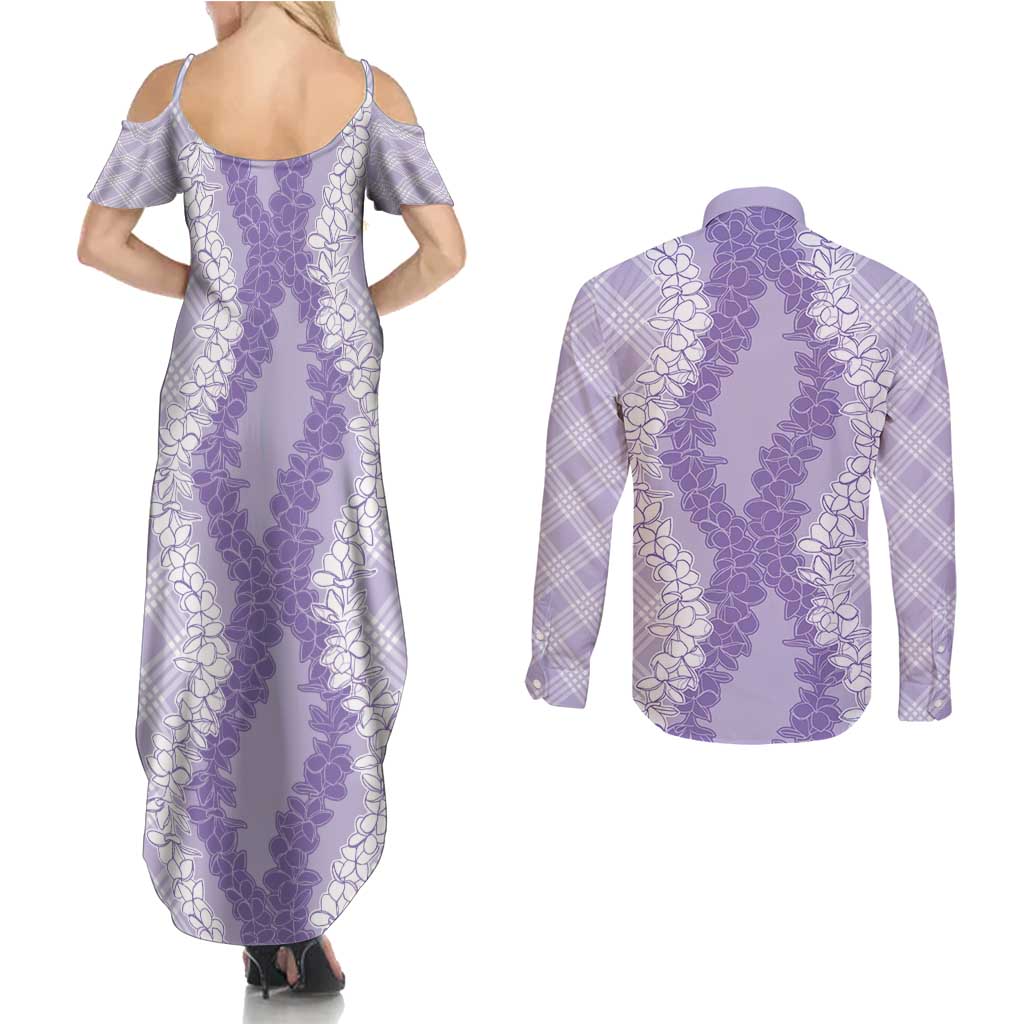 Hawaii Aloha Plumeria Lei Lavender Palaka Couples Matching Summer Maxi Dress and Long Sleeve Button Shirt LT7 - Polynesian Pride