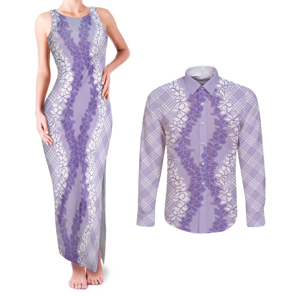 Hawaii Aloha Plumeria Lei Lavender Palaka Couples Matching Tank Maxi Dress and Long Sleeve Button Shirt LT7 Lavender - Polynesian Pride