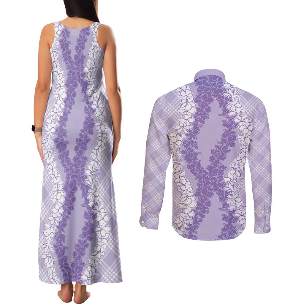 Hawaii Aloha Plumeria Lei Lavender Palaka Couples Matching Tank Maxi Dress and Long Sleeve Button Shirt LT7 - Polynesian Pride