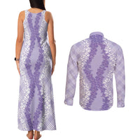 Hawaii Aloha Plumeria Lei Lavender Palaka Couples Matching Tank Maxi Dress and Long Sleeve Button Shirt LT7 - Polynesian Pride