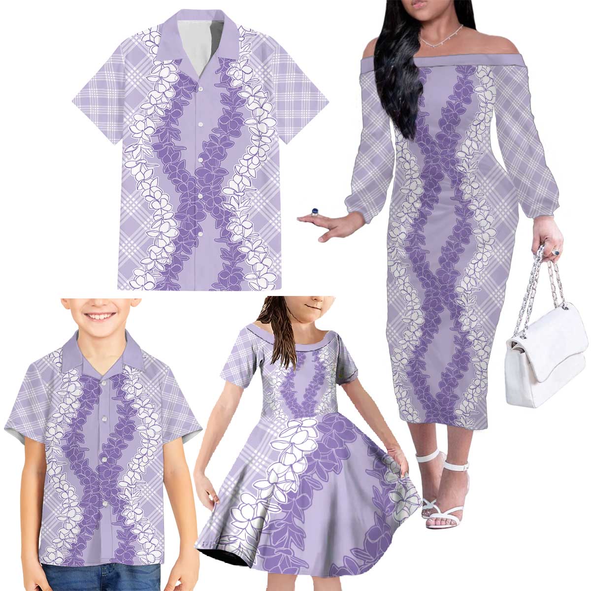 Hawaii Aloha Plumeria Lei Lavender Palaka Family Matching Off The Shoulder Long Sleeve Dress and Hawaiian Shirt LT7 - Polynesian Pride
