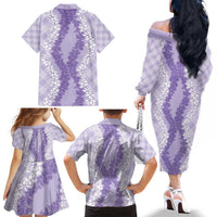 Hawaii Aloha Plumeria Lei Lavender Palaka Family Matching Off The Shoulder Long Sleeve Dress and Hawaiian Shirt LT7 - Polynesian Pride