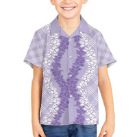 Hawaii Aloha Plumeria Lei Lavender Palaka Family Matching Off The Shoulder Long Sleeve Dress and Hawaiian Shirt LT7 Son's Shirt Lavender - Polynesian Pride