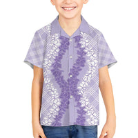 Hawaii Aloha Plumeria Lei Lavender Palaka Family Matching Off Shoulder Short Dress and Hawaiian Shirt LT7 Son's Shirt Lavender - Polynesian Pride