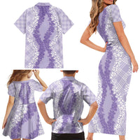 Hawaii Aloha Plumeria Lei Lavender Palaka Family Matching Short Sleeve Bodycon Dress and Hawaiian Shirt LT7 - Polynesian Pride