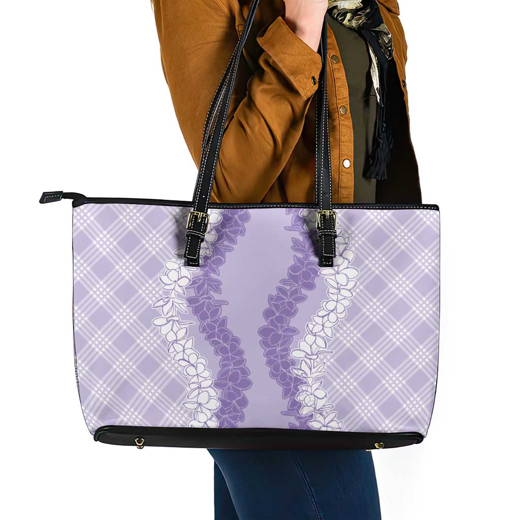 Hawaii Aloha Plumeria Lei Lavender Palaka Leather Tote Bag - Polynesian Pride