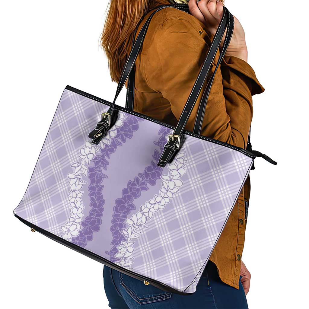 Hawaii Aloha Plumeria Lei Lavender Palaka Leather Tote Bag - Polynesian Pride