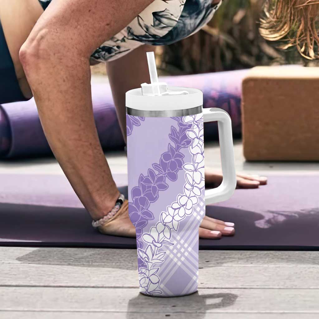 Hawaii Aloha Plumeria Lei Lavender Palaka Tumbler With Handle - Polynesian Pride