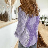 Hawaii Aloha Plumeria Lei Lavender Palaka Women Casual Shirt - Polynesian Pride
