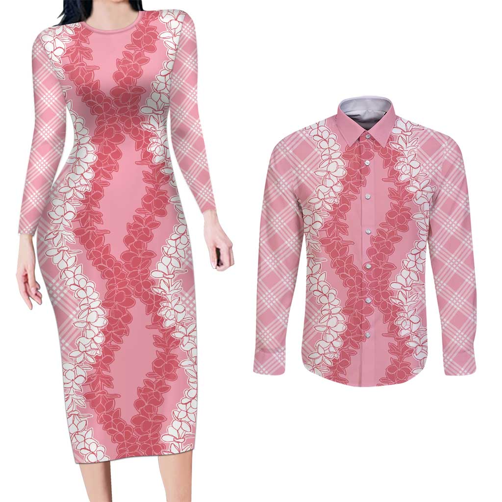 Hawaii Aloha Plumeria Lei Pink Palaka Couples Matching Long Sleeve Bodycon Dress and Long Sleeve Button Shirt LT7 Pink - Polynesian Pride