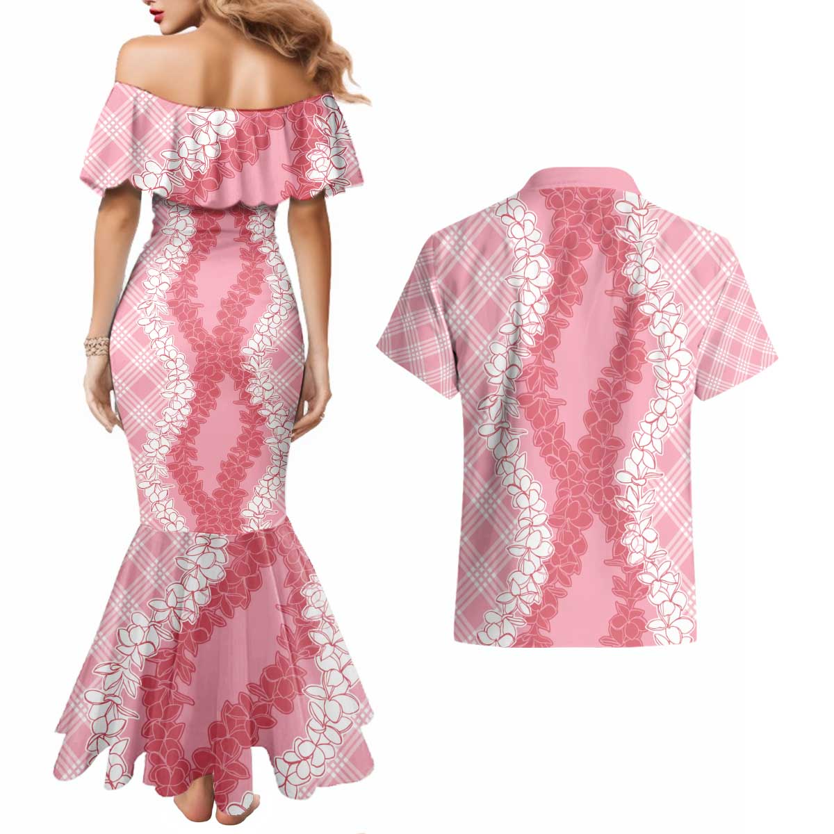 Hawaii Aloha Plumeria Lei Pink Palaka Couples Matching Mermaid Dress and Hawaiian Shirt LT7 - Polynesian Pride