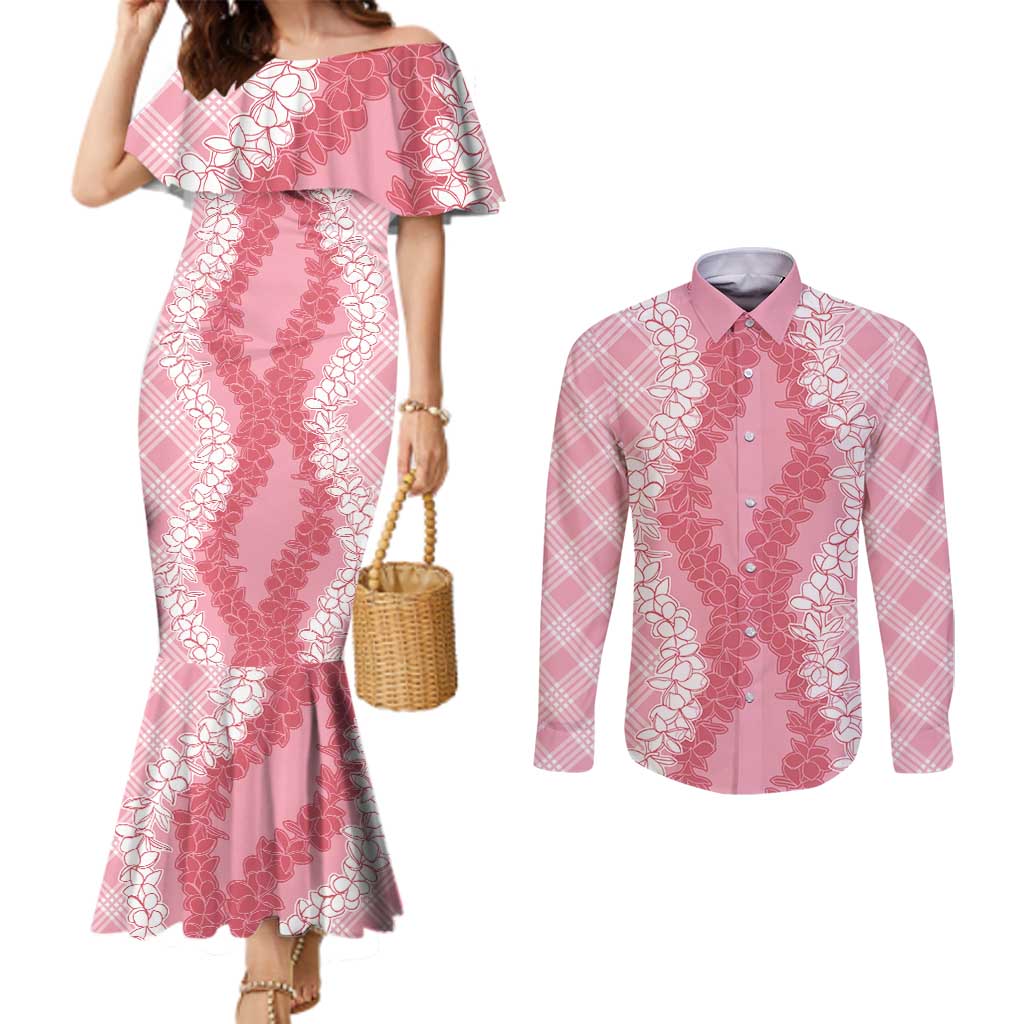 Hawaii Aloha Plumeria Lei Pink Palaka Couples Matching Mermaid Dress and Long Sleeve Button Shirt LT7 Pink - Polynesian Pride