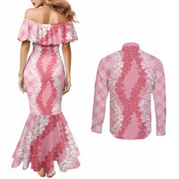 Hawaii Aloha Plumeria Lei Pink Palaka Couples Matching Mermaid Dress and Long Sleeve Button Shirt LT7 - Polynesian Pride