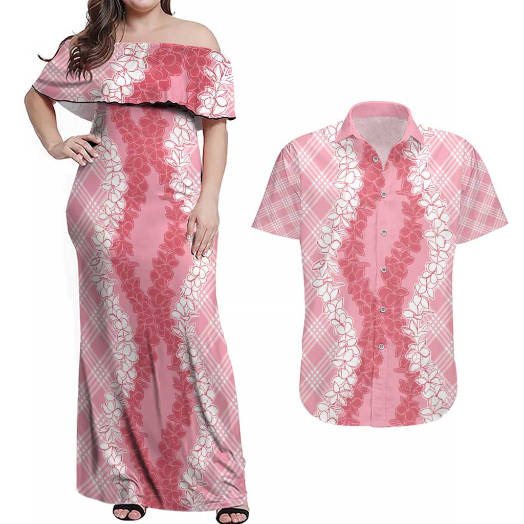 Hawaii Aloha Plumeria Lei Pink Palaka Couples Matching Off Shoulder Maxi Dress and Hawaiian Shirt LT7 Pink - Polynesian Pride