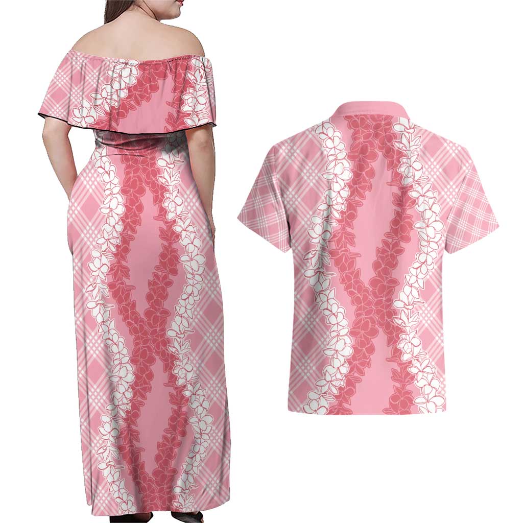 Hawaii Aloha Plumeria Lei Pink Palaka Couples Matching Off Shoulder Maxi Dress and Hawaiian Shirt LT7 - Polynesian Pride