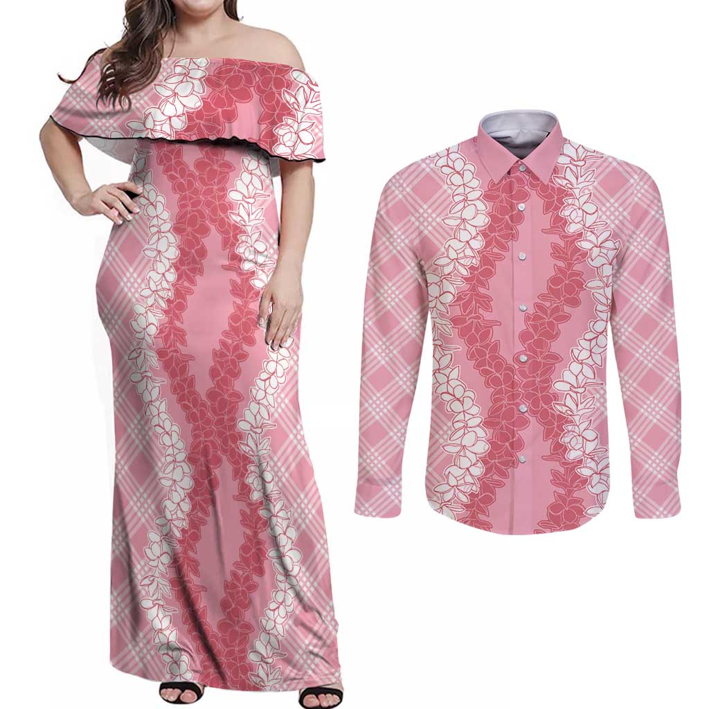 Hawaii Aloha Plumeria Lei Pink Palaka Couples Matching Off Shoulder Maxi Dress and Long Sleeve Button Shirt LT7 Pink - Polynesian Pride