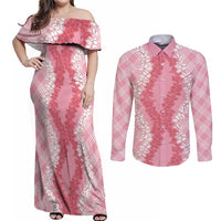 Hawaii Aloha Plumeria Lei Pink Palaka Couples Matching Off Shoulder Maxi Dress and Long Sleeve Button Shirt LT7 Pink - Polynesian Pride
