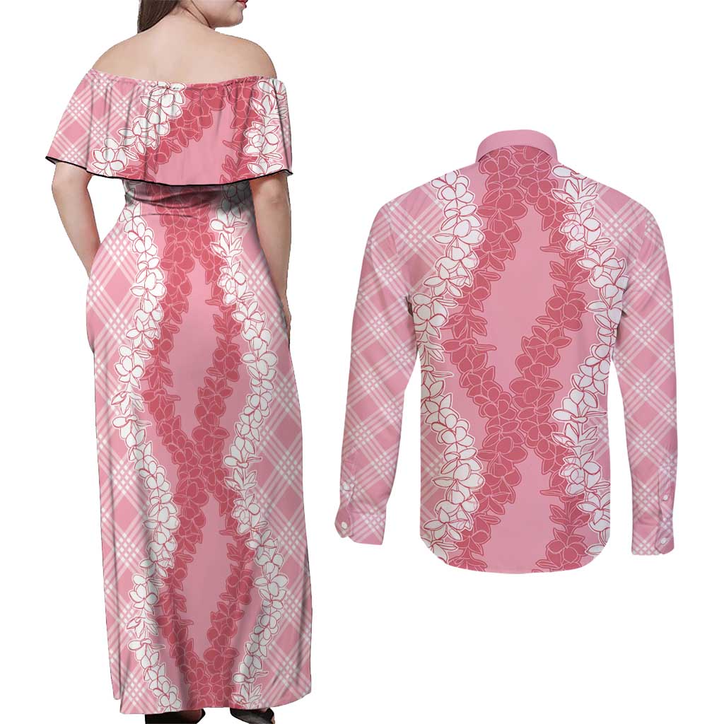 Hawaii Aloha Plumeria Lei Pink Palaka Couples Matching Off Shoulder Maxi Dress and Long Sleeve Button Shirt LT7 - Polynesian Pride