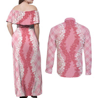 Hawaii Aloha Plumeria Lei Pink Palaka Couples Matching Off Shoulder Maxi Dress and Long Sleeve Button Shirt LT7 - Polynesian Pride