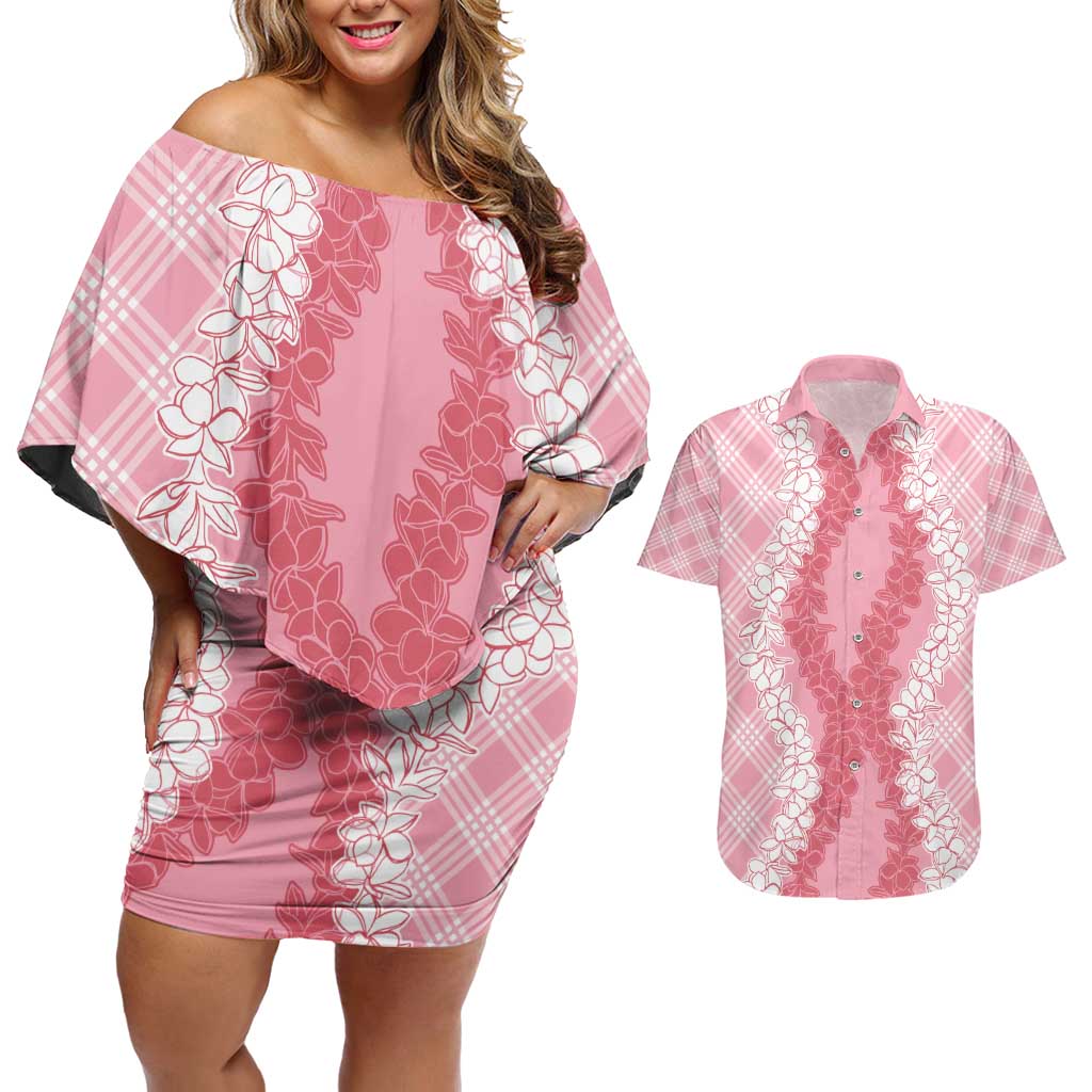 Hawaii Aloha Plumeria Lei Pink Palaka Couples Matching Off Shoulder Short Dress and Hawaiian Shirt LT7 Pink - Polynesian Pride