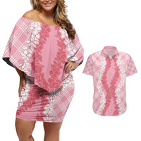 Hawaii Aloha Plumeria Lei Pink Palaka Couples Matching Off Shoulder Short Dress and Hawaiian Shirt LT7 Pink - Polynesian Pride