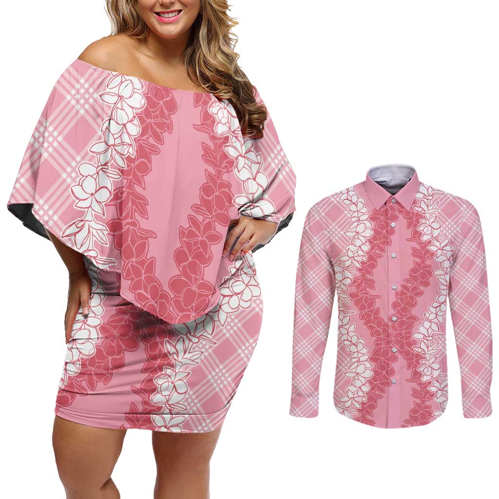 Hawaii Aloha Plumeria Lei Pink Palaka Couples Matching Off Shoulder Short Dress and Long Sleeve Button Shirt LT7 Pink - Polynesian Pride