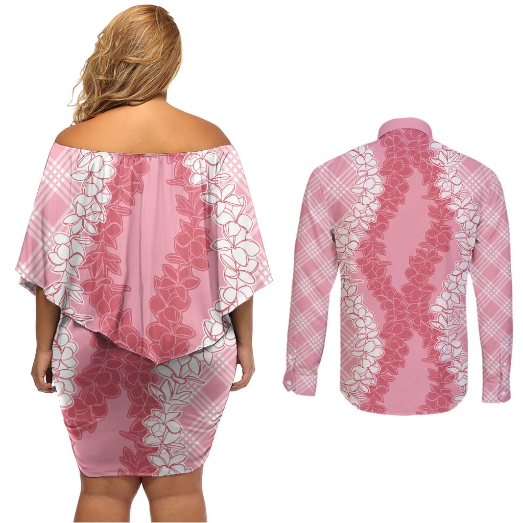 Hawaii Aloha Plumeria Lei Pink Palaka Couples Matching Off Shoulder Short Dress and Long Sleeve Button Shirt LT7 - Polynesian Pride