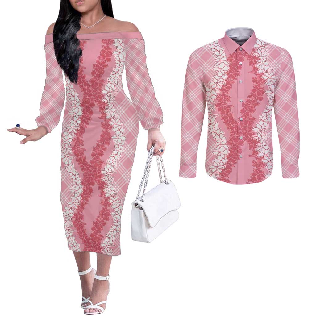 Hawaii Aloha Plumeria Lei Pink Palaka Couples Matching Off The Shoulder Long Sleeve Dress and Long Sleeve Button Shirt LT7 Pink - Polynesian Pride