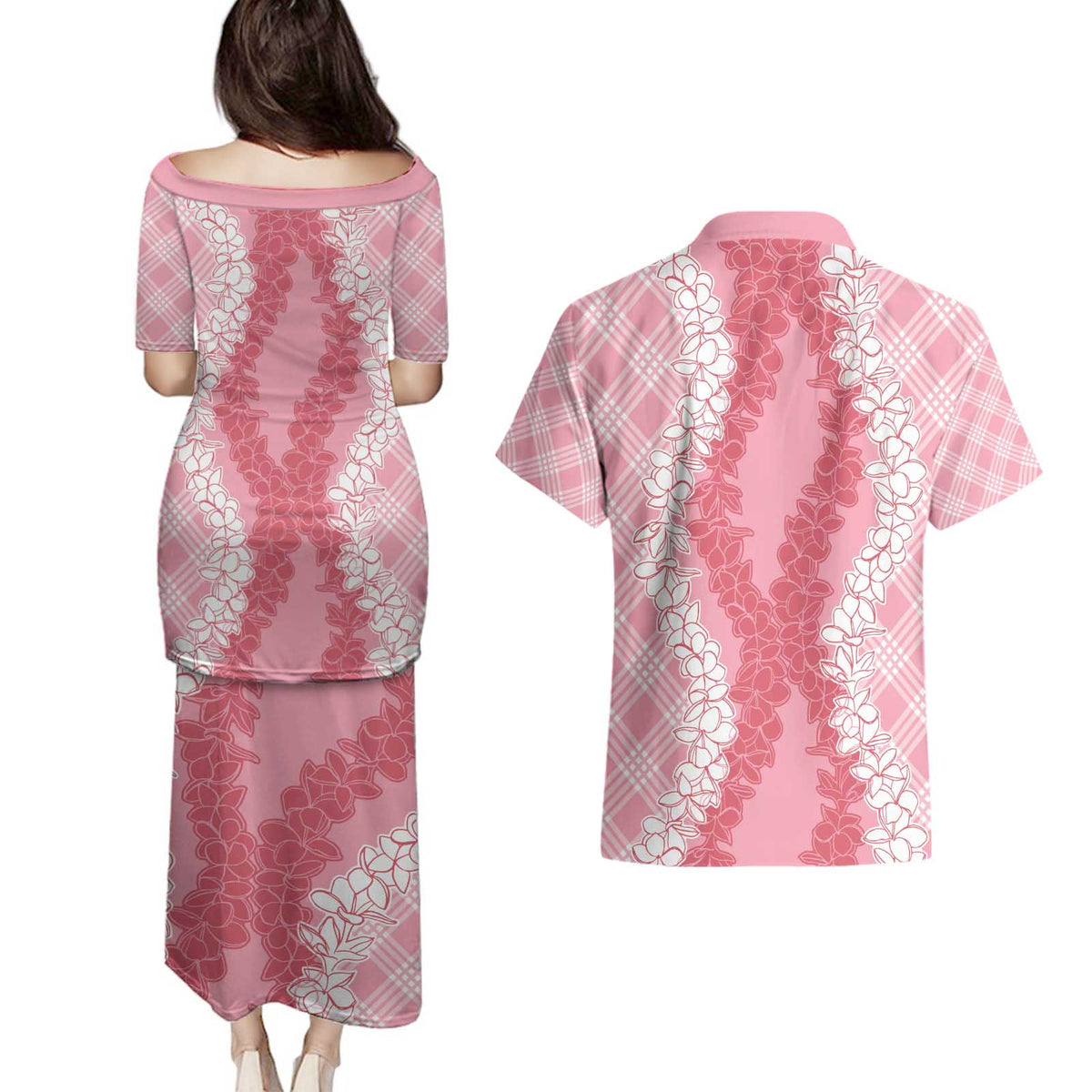 Hawaii Aloha Plumeria Lei Pink Palaka Couples Matching Puletasi and Hawaiian Shirt LT7 - Polynesian Pride
