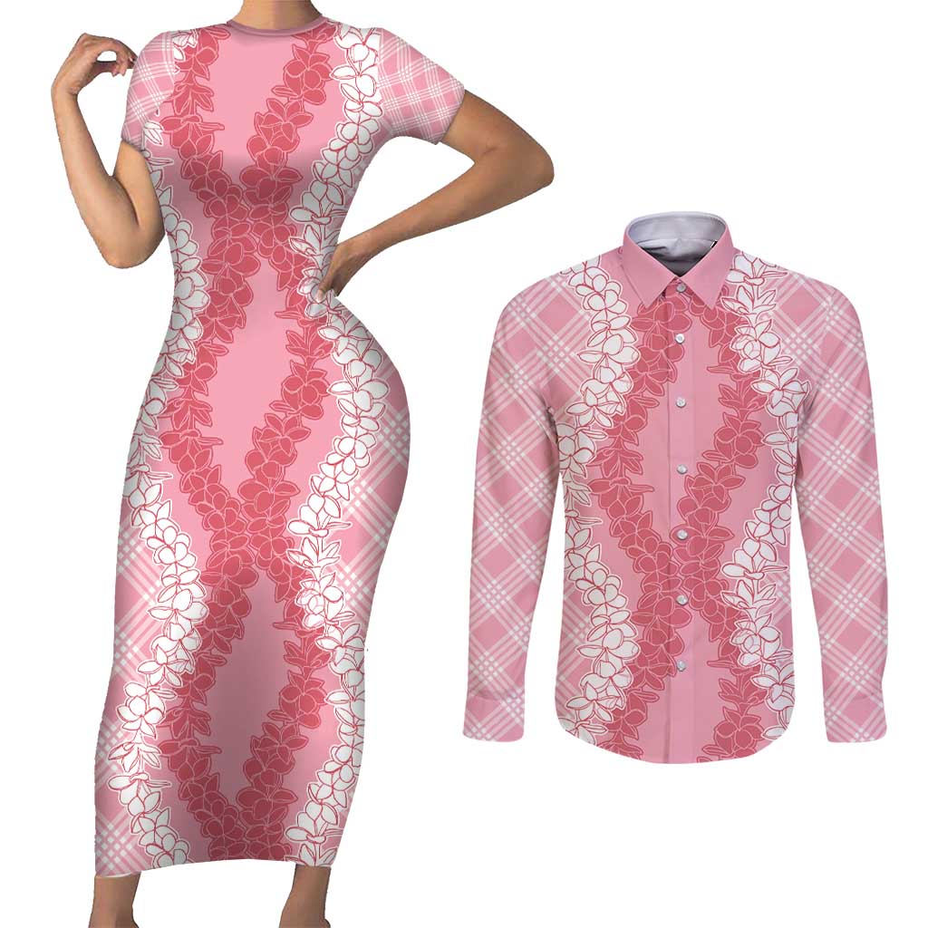 Hawaii Aloha Plumeria Lei Pink Palaka Couples Matching Short Sleeve Bodycon Dress and Long Sleeve Button Shirt LT7 Pink - Polynesian Pride