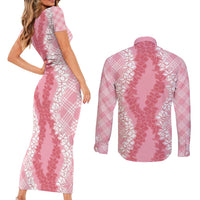 Hawaii Aloha Plumeria Lei Pink Palaka Couples Matching Short Sleeve Bodycon Dress and Long Sleeve Button Shirt LT7 - Polynesian Pride