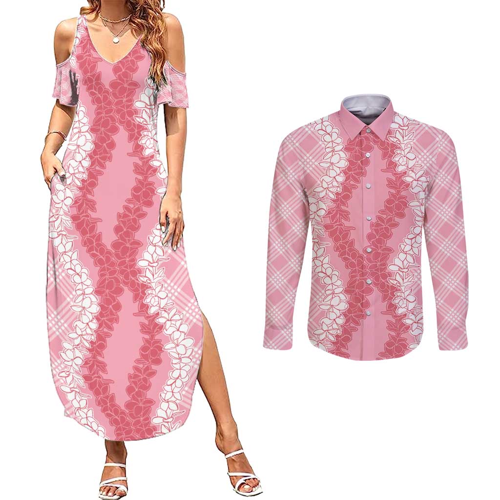 Hawaii Aloha Plumeria Lei Pink Palaka Couples Matching Summer Maxi Dress and Long Sleeve Button Shirt LT7 Pink - Polynesian Pride
