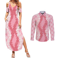 Hawaii Aloha Plumeria Lei Pink Palaka Couples Matching Summer Maxi Dress and Long Sleeve Button Shirt LT7 Pink - Polynesian Pride