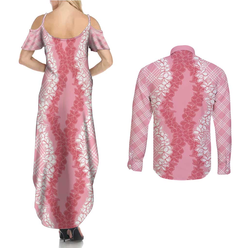 Hawaii Aloha Plumeria Lei Pink Palaka Couples Matching Summer Maxi Dress and Long Sleeve Button Shirt LT7 - Polynesian Pride