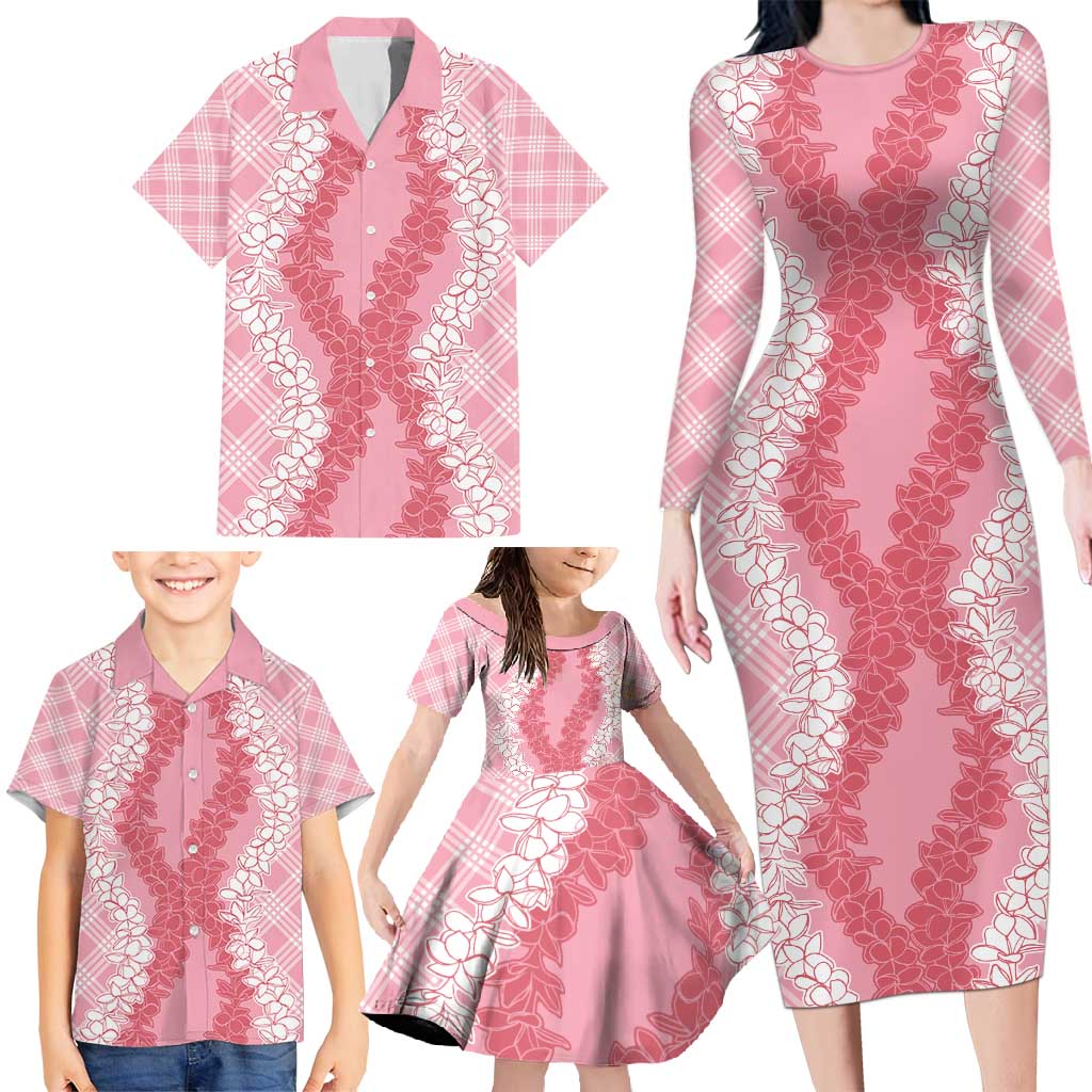 Hawaii Aloha Plumeria Lei Pink Palaka Family Matching Long Sleeve Bodycon Dress and Hawaiian Shirt LT7 - Polynesian Pride