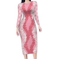 Hawaii Aloha Plumeria Lei Pink Palaka Family Matching Long Sleeve Bodycon Dress and Hawaiian Shirt LT7 Mom's Dress Pink - Polynesian Pride