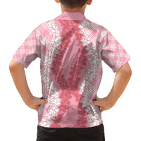 Hawaii Aloha Plumeria Lei Pink Palaka Family Matching Off The Shoulder Long Sleeve Dress and Hawaiian Shirt LT7 - Polynesian Pride