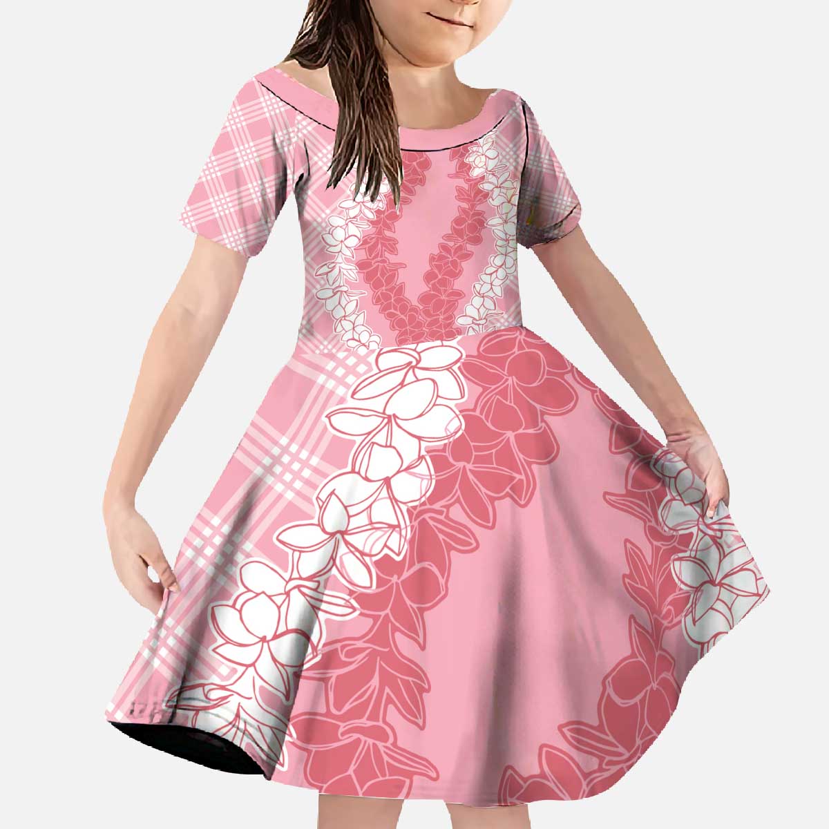 Hawaii Aloha Plumeria Lei Pink Palaka Family Matching Off The Shoulder Long Sleeve Dress and Hawaiian Shirt LT7 Daughter's Dress Pink - Polynesian Pride
