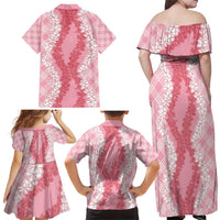 Hawaii Aloha Plumeria Lei Pink Palaka Family Matching Off Shoulder Maxi Dress and Hawaiian Shirt LT7 - Polynesian Pride
