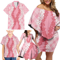 Hawaii Aloha Plumeria Lei Pink Palaka Family Matching Off Shoulder Short Dress and Hawaiian Shirt LT7 - Polynesian Pride